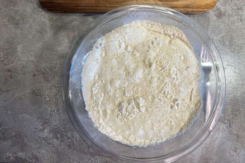Loose dough for bannock in a bowl