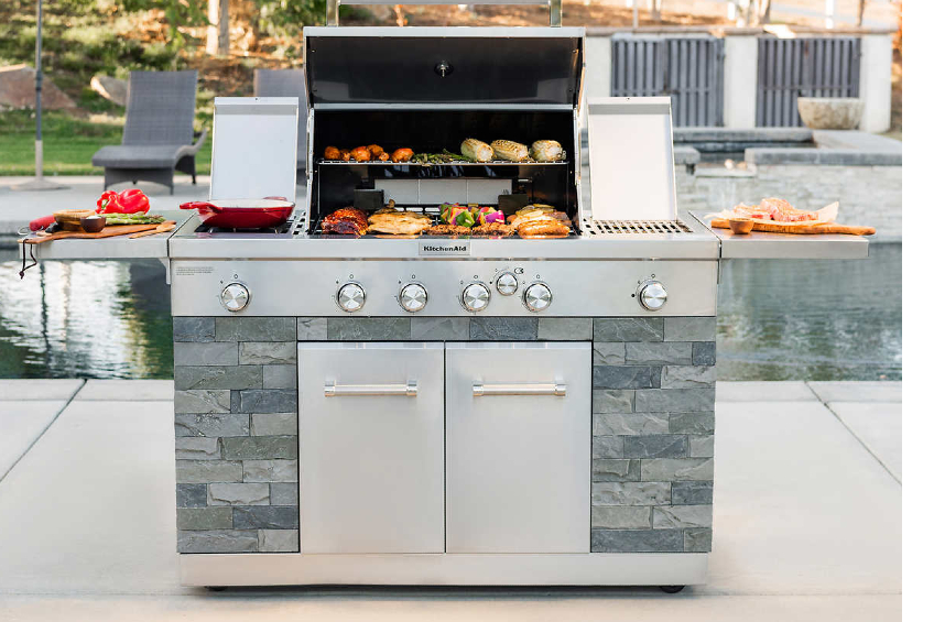 A 7-burner grill from Kitchenaid with faux-brick siding