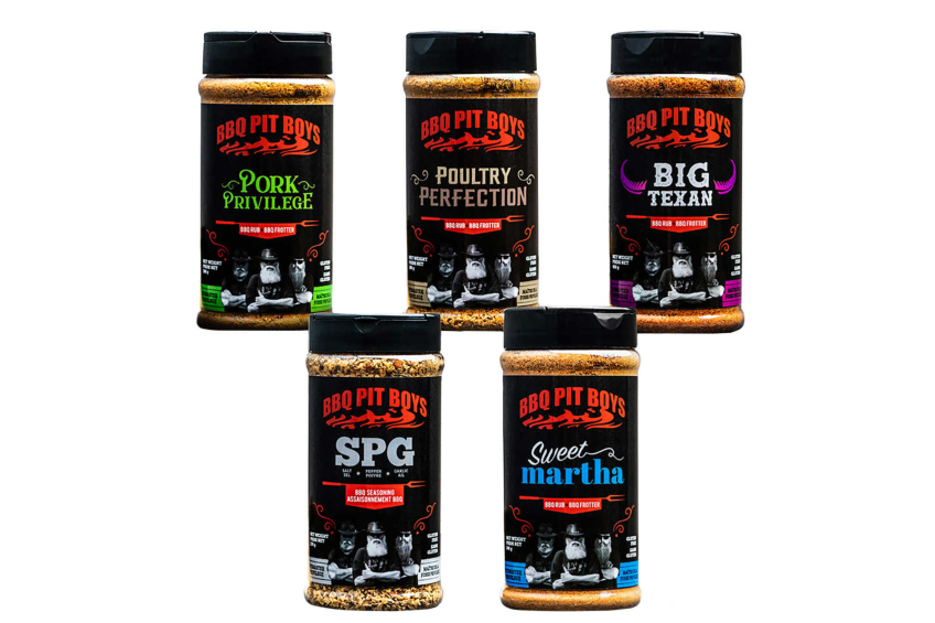A 5-pack of the various flavours of BBQ Pit Boys spice rubs