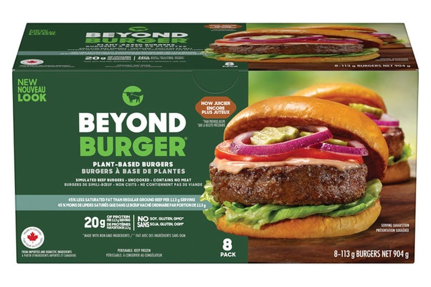 A product shot of a Costco-sized package of Beyond Meat burgers