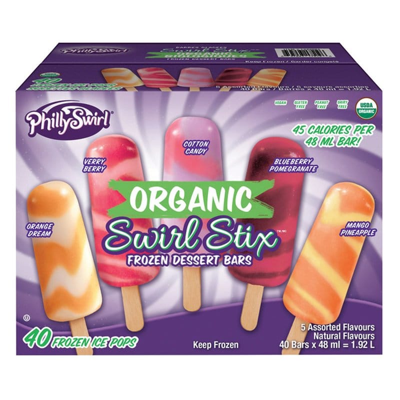 A product shot of a 40-count box of 9. PhillySwirl Organic SwirlStix Frozen Dessert Bars