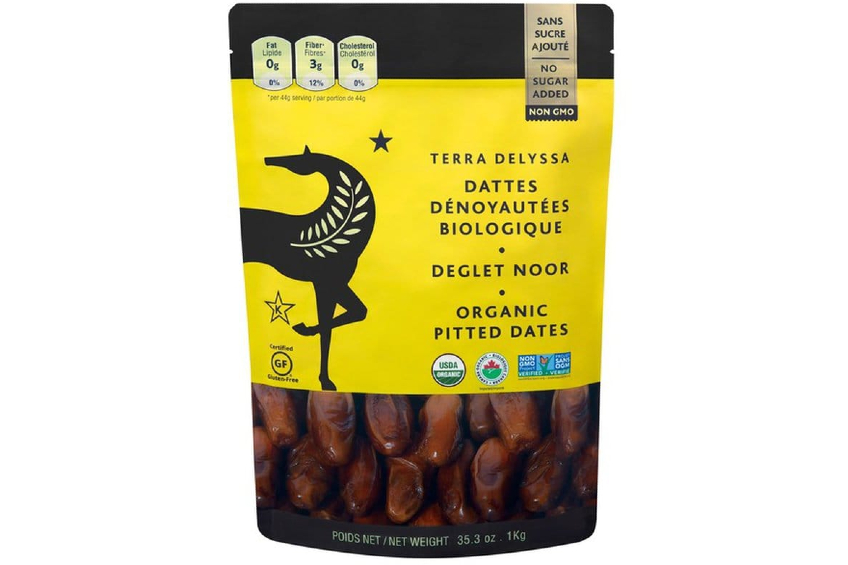 A product package of a jumbo-sized resealable bag of 8. Terra Delyssa Organic Pitted Dates Deglet Noor
