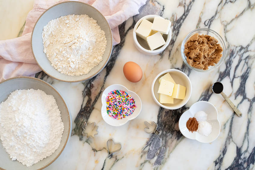 Ingredients for dunkable funfetti cookies with cream cheese dip