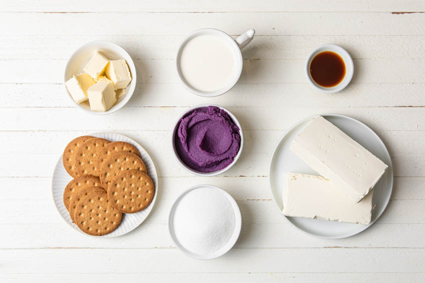 Ingredients for no-bake ube cheesecake