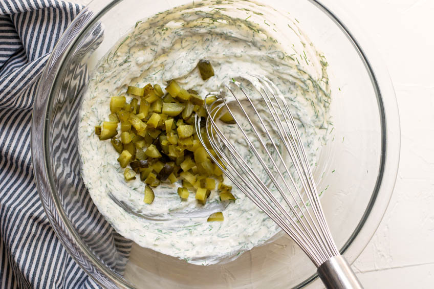 Dressing ingredients for creamy dill pickle potato salad