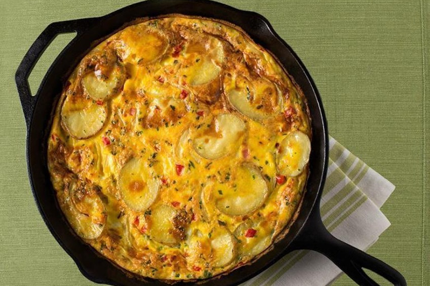 A Spanish-style omelette in a cast iron pan