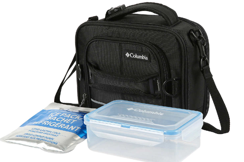 A black expandable school lunch bag by Columbia with an ice pack and plastic lunch container