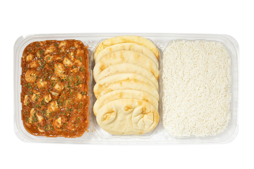 A package with chicken vindaloo, naan bread, basmati rice