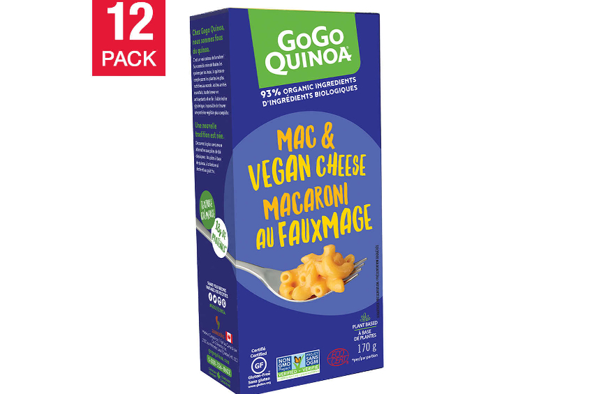 A package of GoGo Quinoa vegan macaroni and cheese
