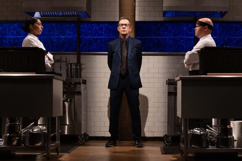 Chopped host Ted Allen and Chef Brian Colvin and Marisabel A Jordan in the final round face off of Season 55.