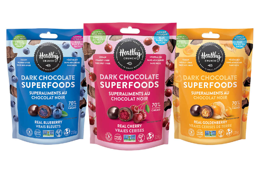 A three-pack of Healthy Crunch chocolate-covered superfoods