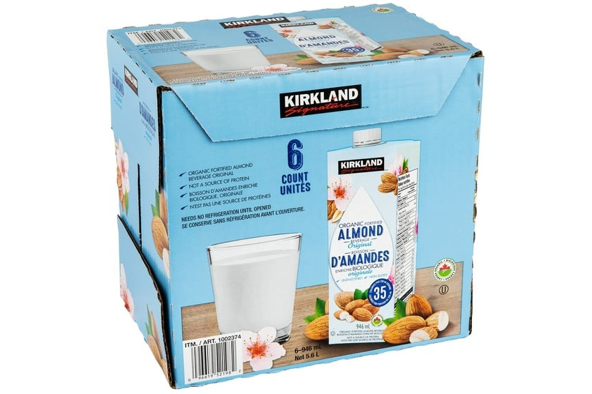 A 6-pack of Kirkland brand almond milk