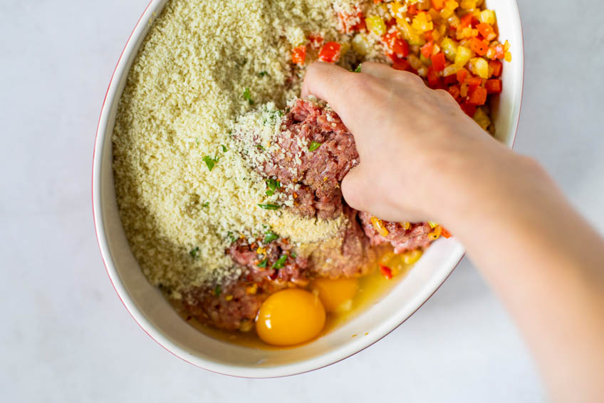 Meat loaf ingredients in a mixing bowl