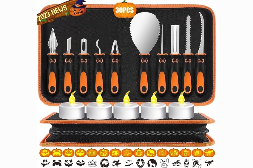 A pumpkin carving kit with tools, stencils and LED pumpkin candles