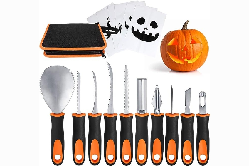 A pumpkin carving kit with a black and orange case, 10 different tools and stencils