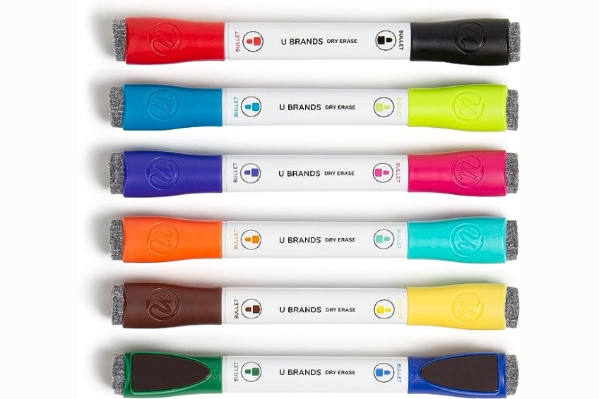 Six double-ended dry erase markers in different colours with built-in erasers