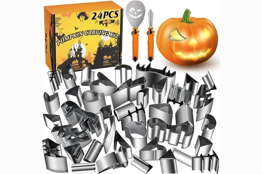 A pumpkin carving kit with scoop, carving knife and stainless steel cookie cutter-style tools