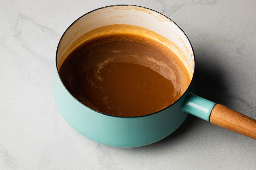 Toffee sauce in a saucepan