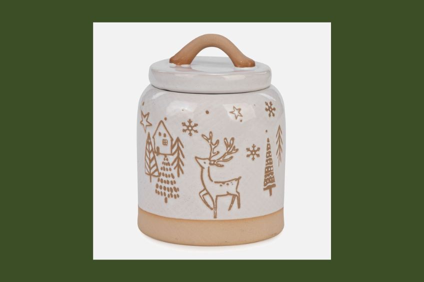 White cookie jar with deer and trees