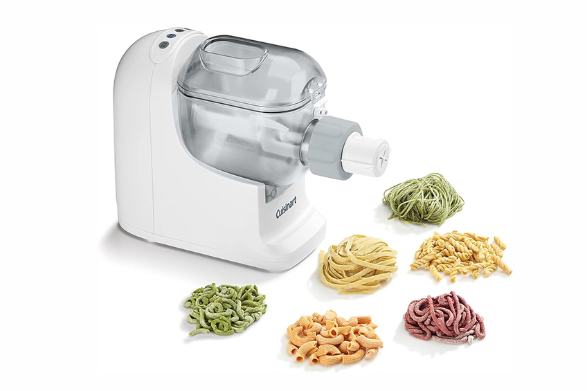 Cuisinart's Pastafecto pasta and bread dough maker, with an example of six pastas it can make.