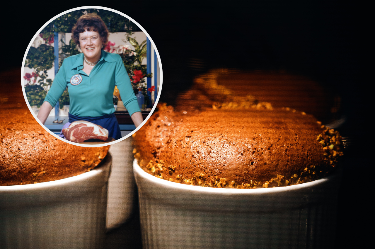 An image of Julia Child overlaid a food beauty of a chocolate souffle in the oven