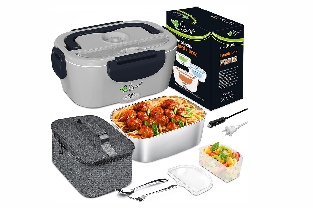 Vovoir heated lunch box with all the components and a meatball and spaghetti dish in one of the containers.