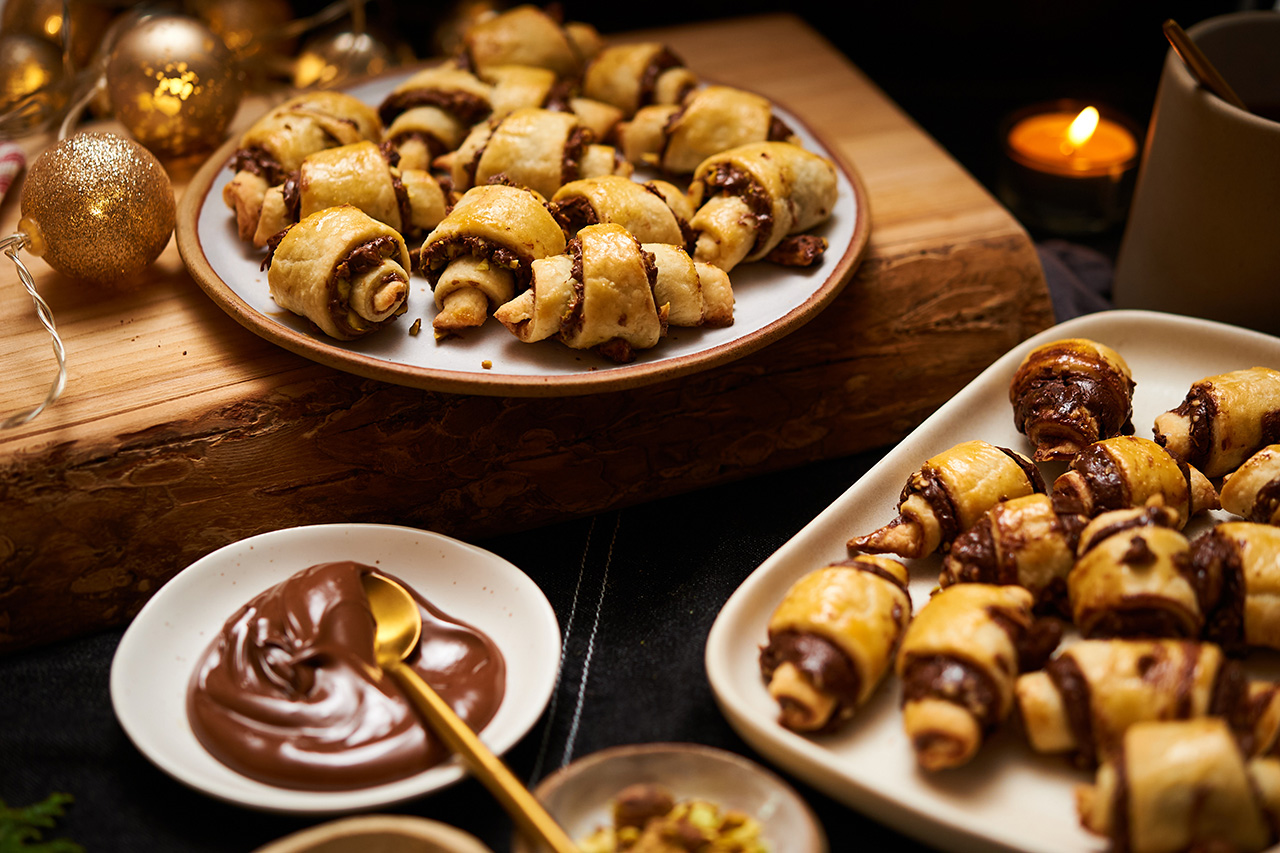 Nutella and pistachio and chocolate and tahini rugelach