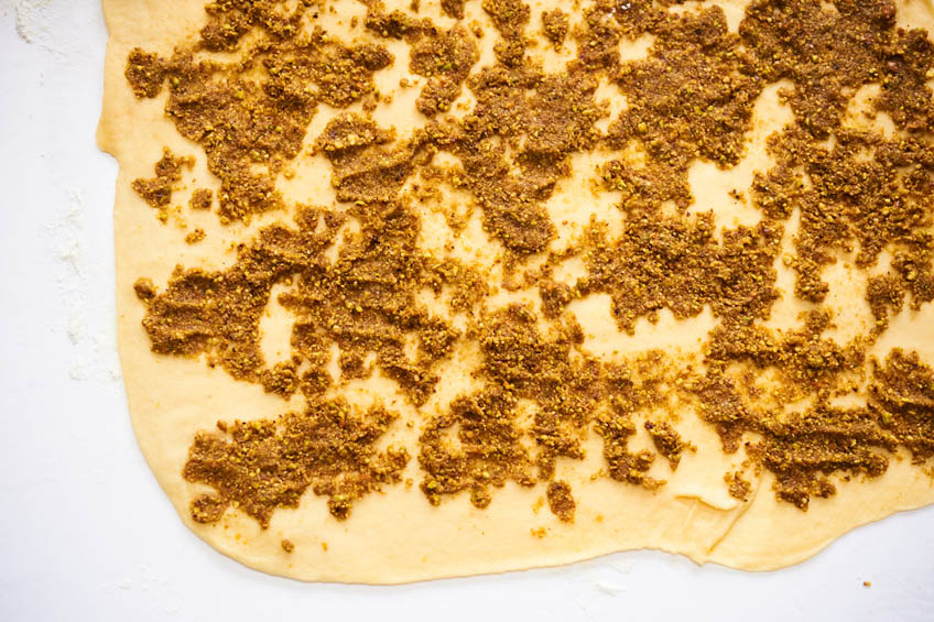 The pastry dough for a Baklava-flavoured Babka, the spiced filling atop