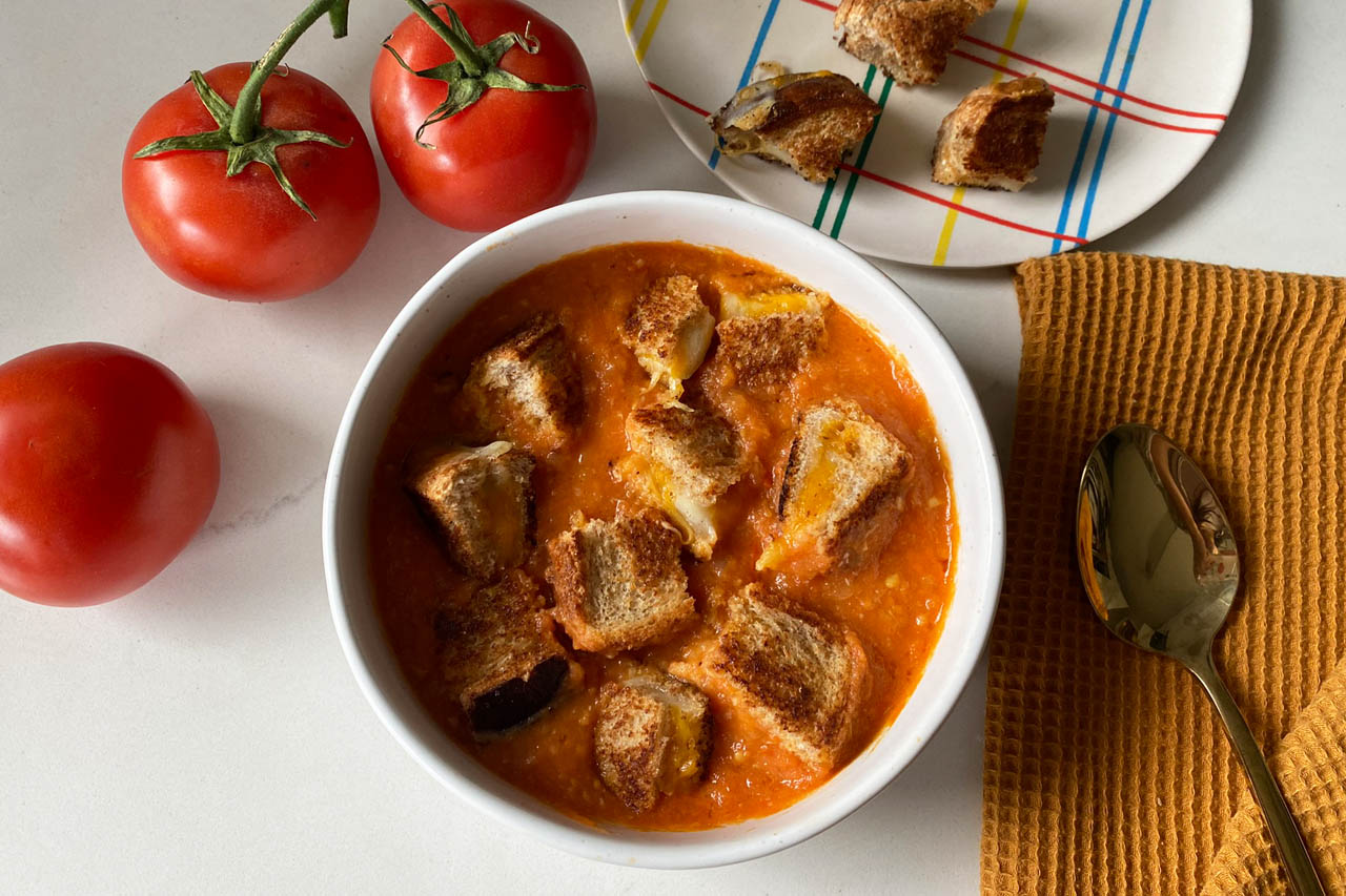 Grilled cheese croutons on tomato soup