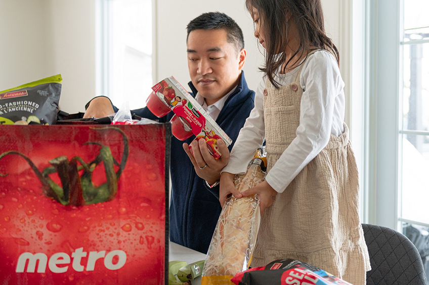 A man and a young girl unpacking a red grocery delivery metro bag