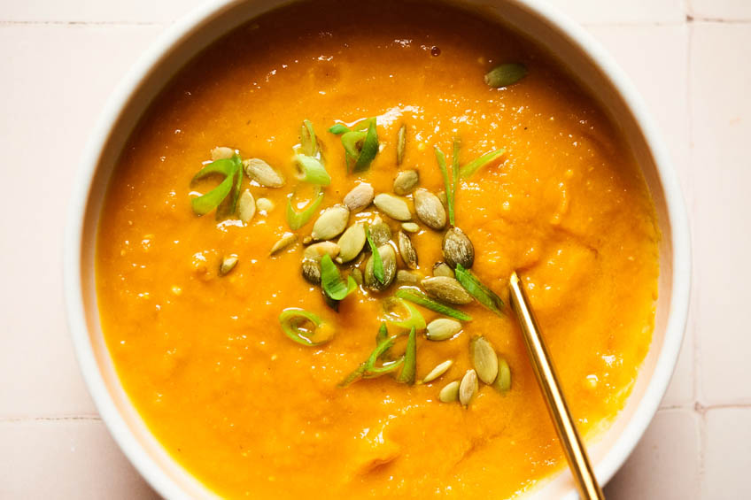 Bowl of Miso Ginger Carrot and Sweet Potato Soup