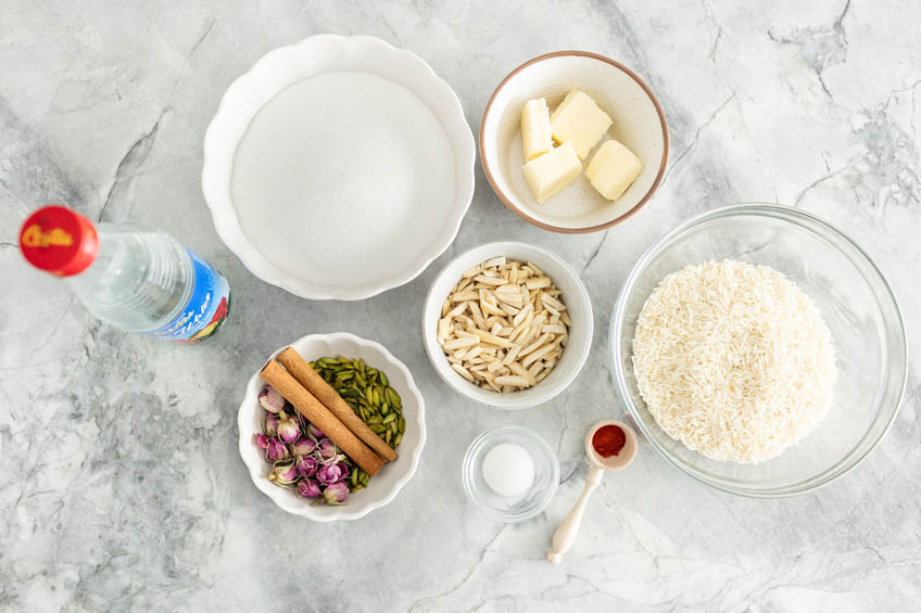 Ingredients for sholeh zard Persian rice pudding