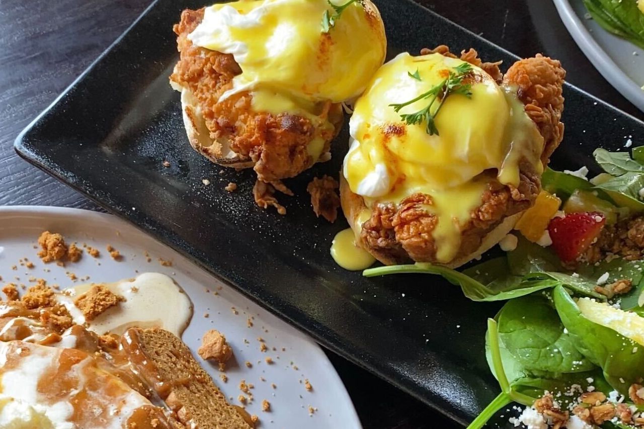 Haze Lounge fried chicken eggs benedict and biscoff pancakes