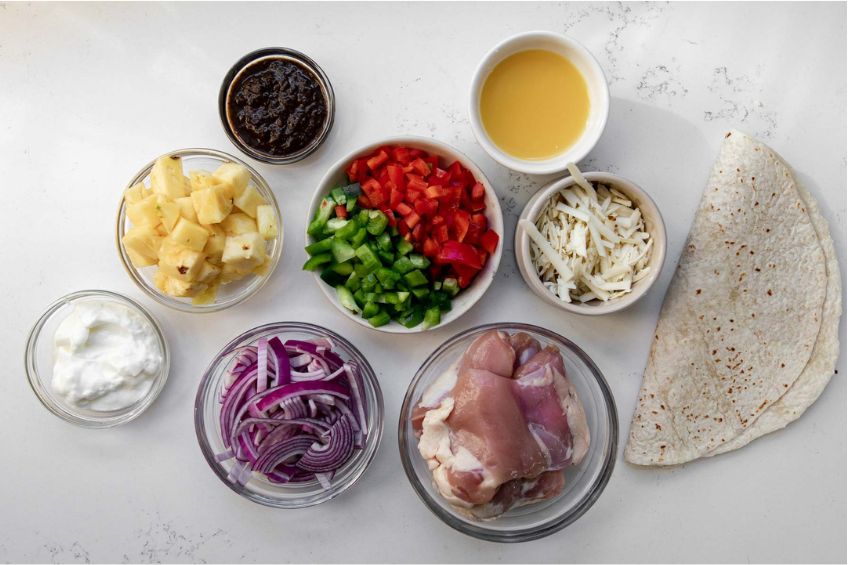 Ingredients for jerk chicken quesadillas