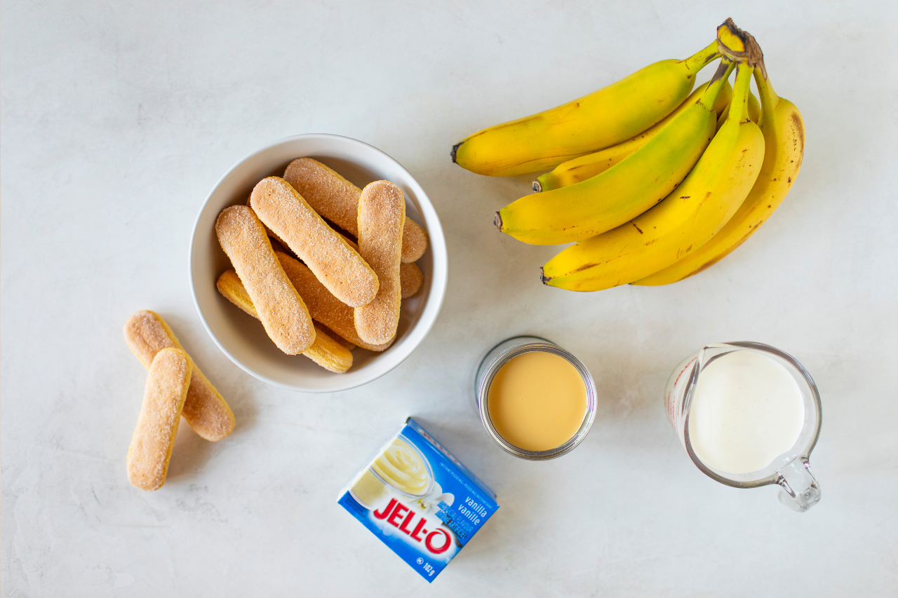 ingredients for banana pudding on a countertop