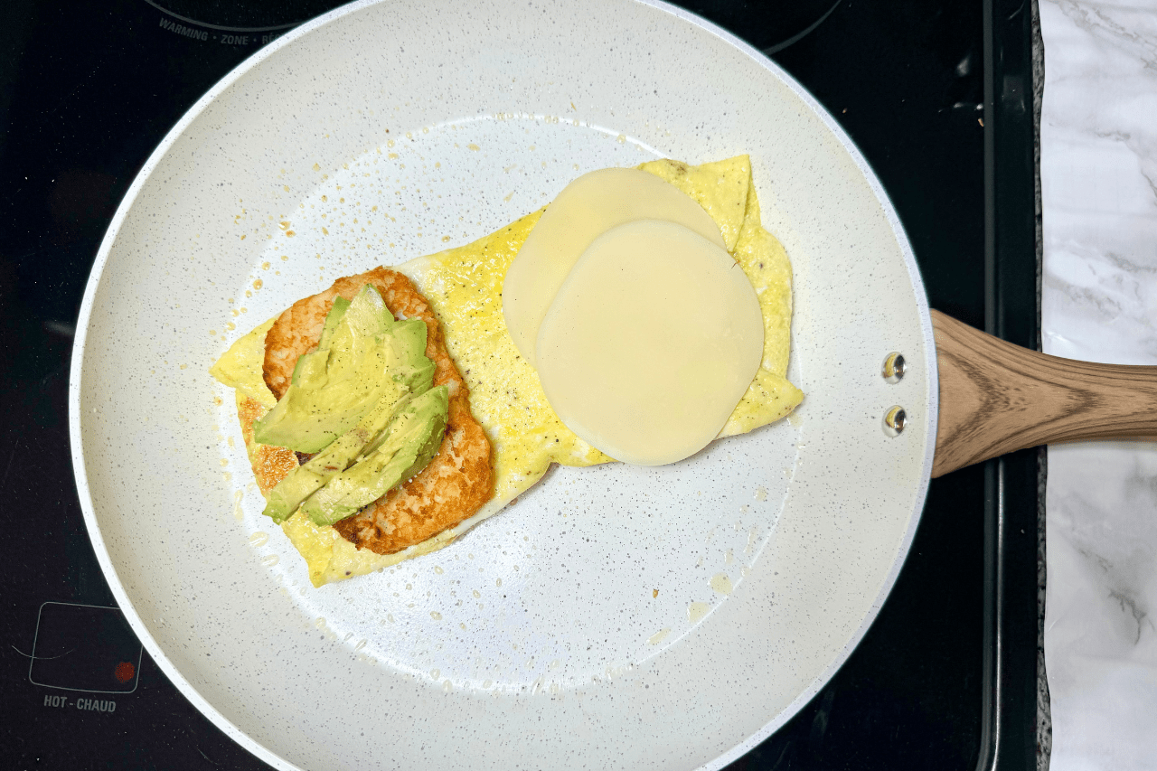 Eggs, hasbrowns, cheese and avocado