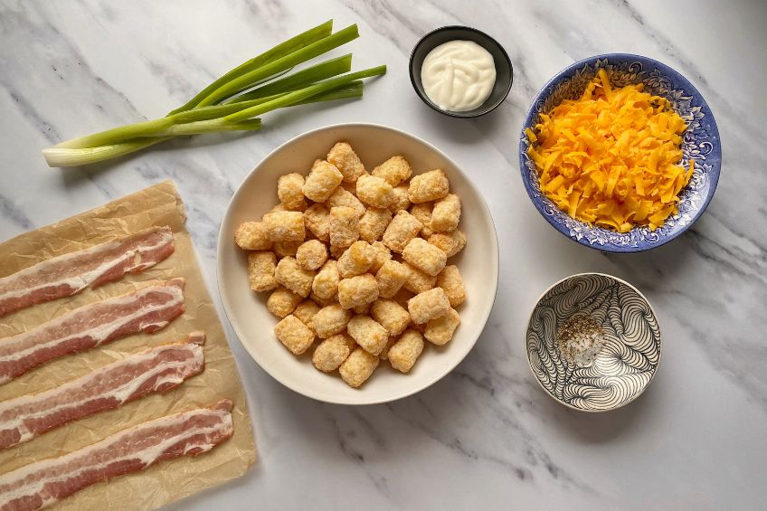 Ingredients for loaded baked potato cheesy tots