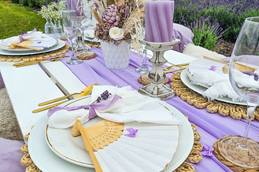 Lavender picnic set up in lavender fields