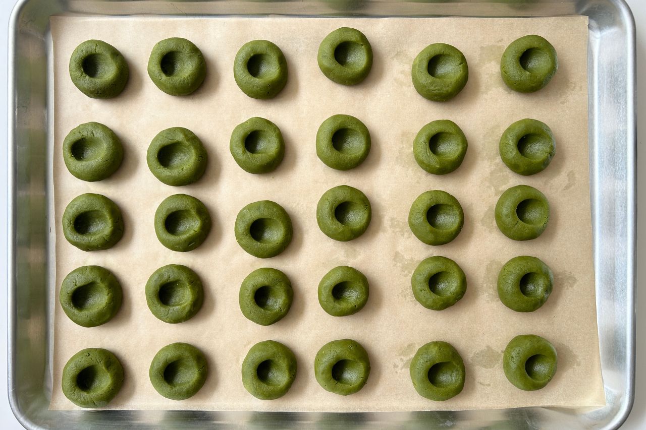 Matcha cookies on a baking tray