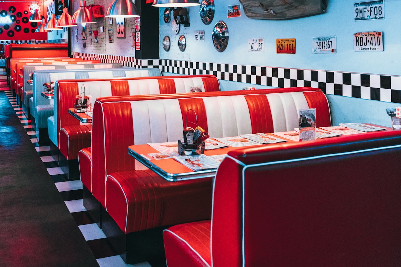 Classic diner with red and white booths