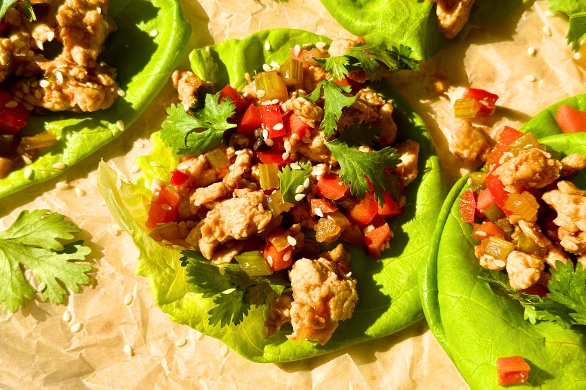 Closeup on a spicy chicken lettuce wrap