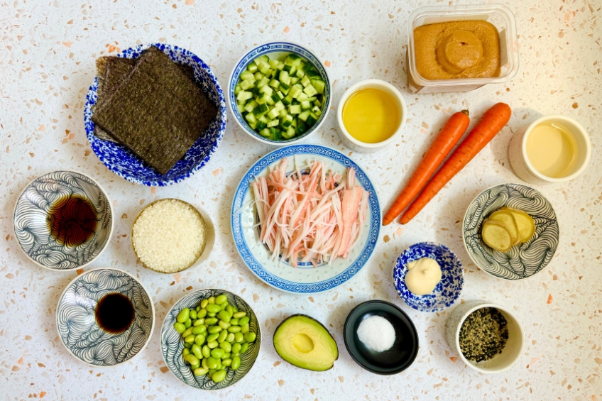 Ingredients for California Roll Bowl With Carrot Miso Dressing