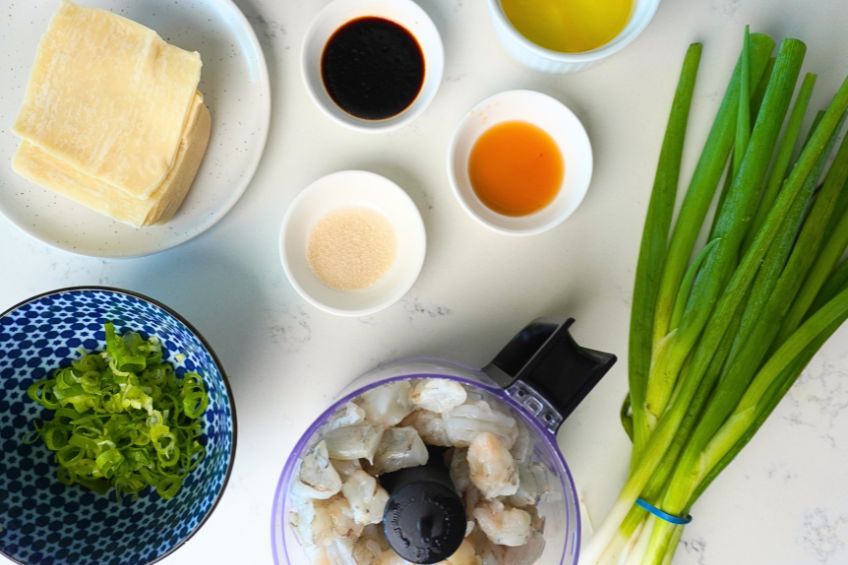 all the ingredients to make deep fried shrimp dumplings