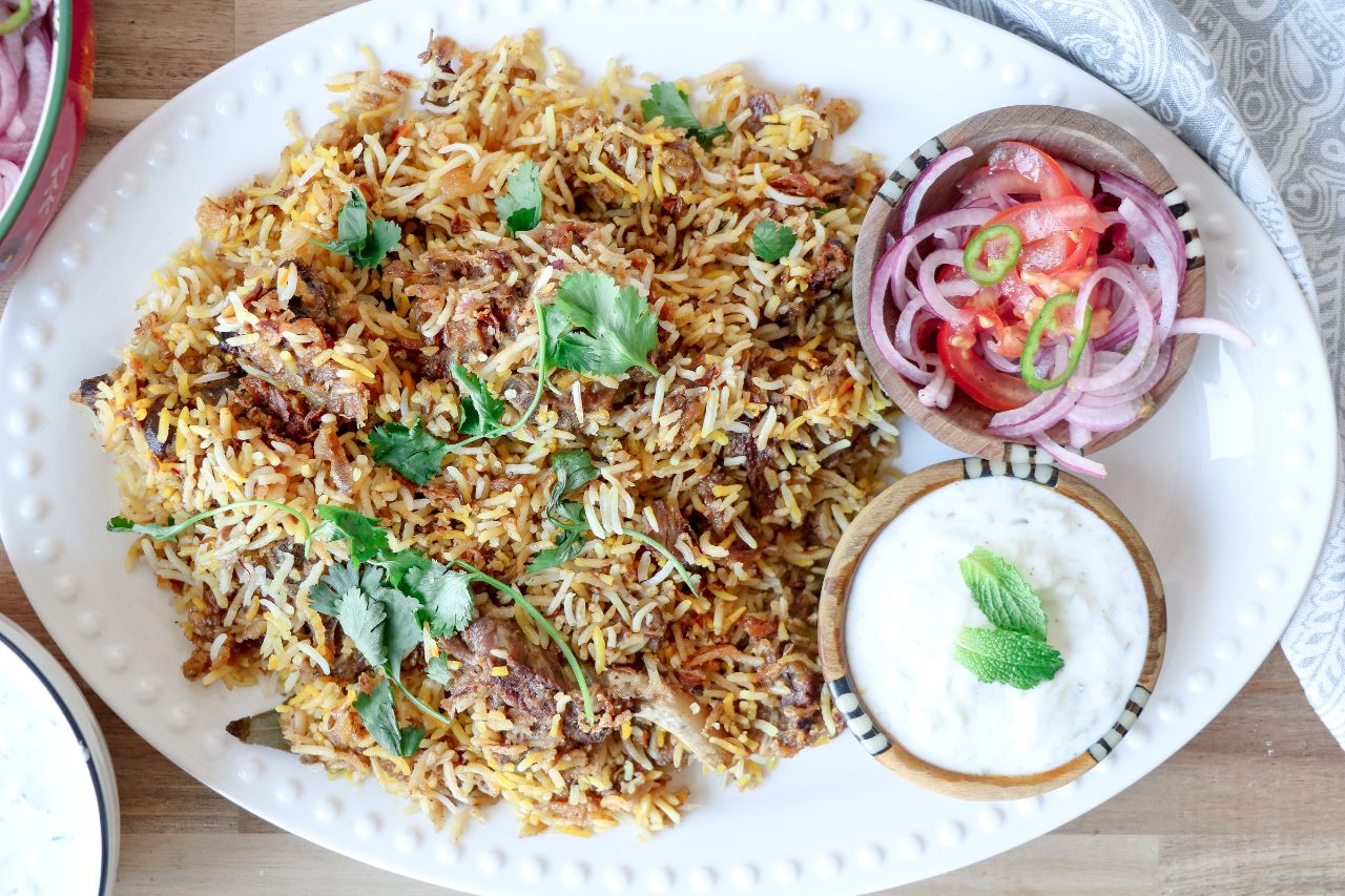 Lamb biryani on a plate