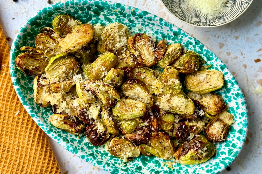 Closeup on cacio e pepe Brussels sprouts