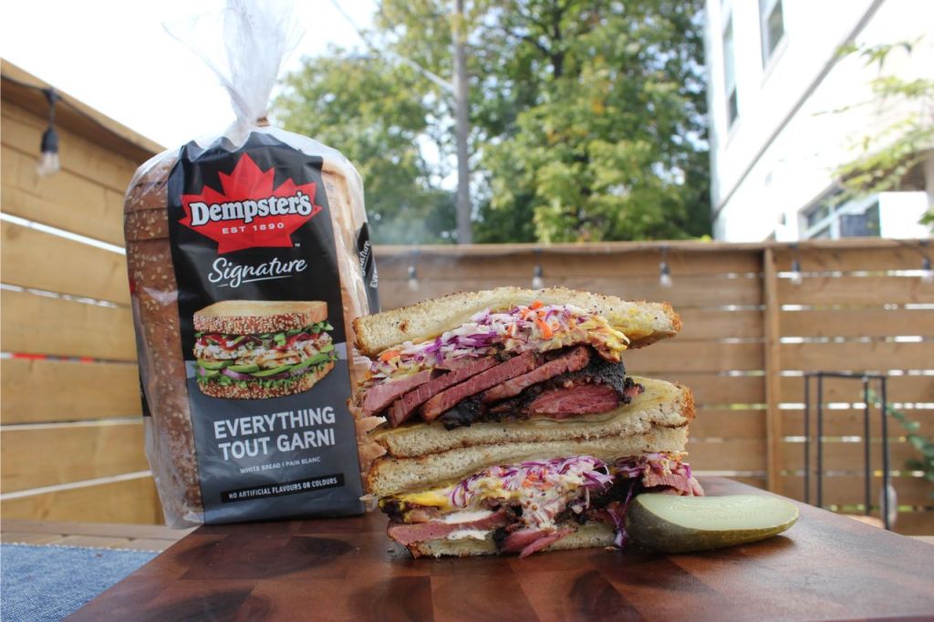 pastrami melt sandwich on dempster's bread