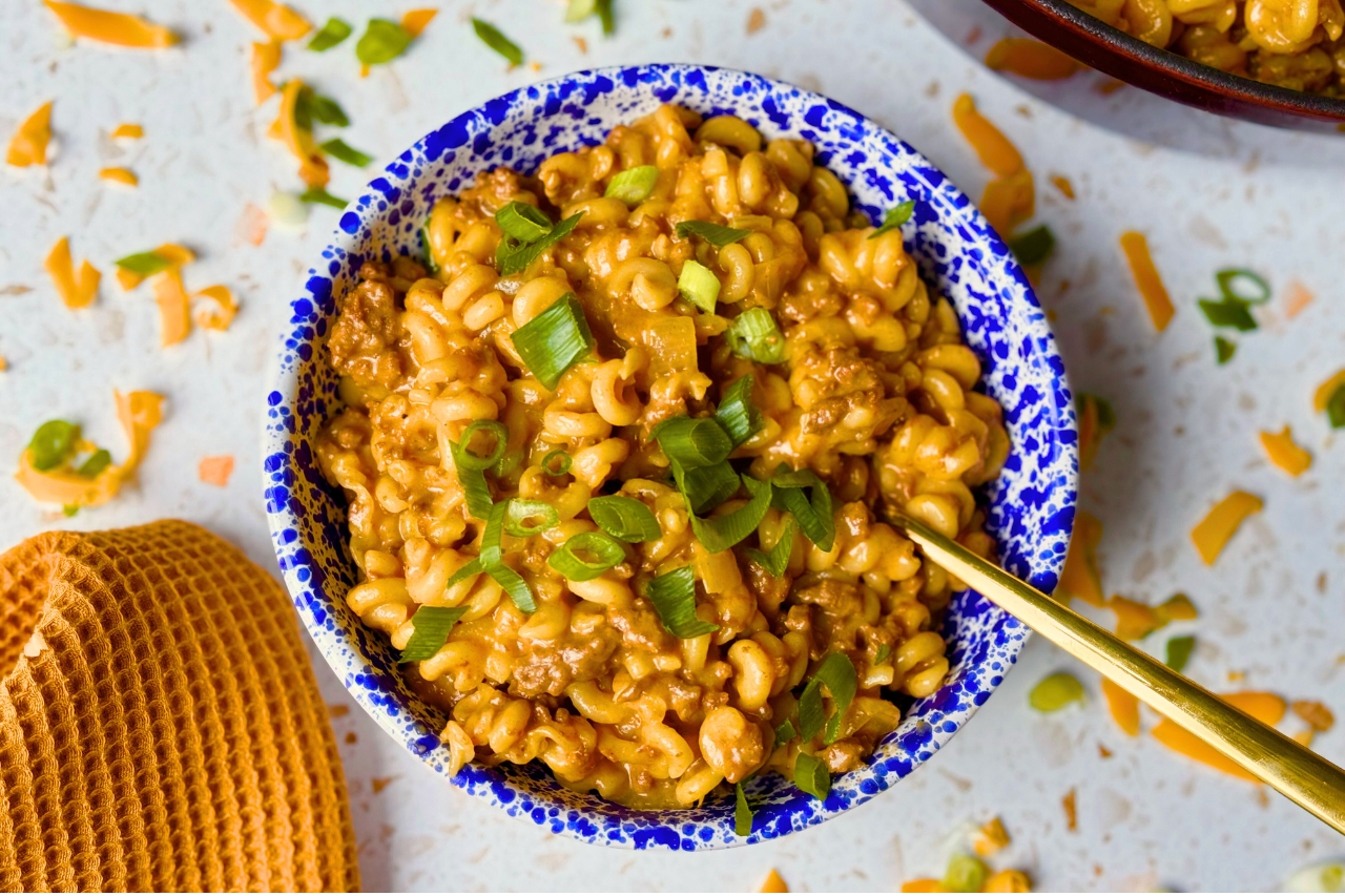 Cheesy hamburger pasta in a bowl